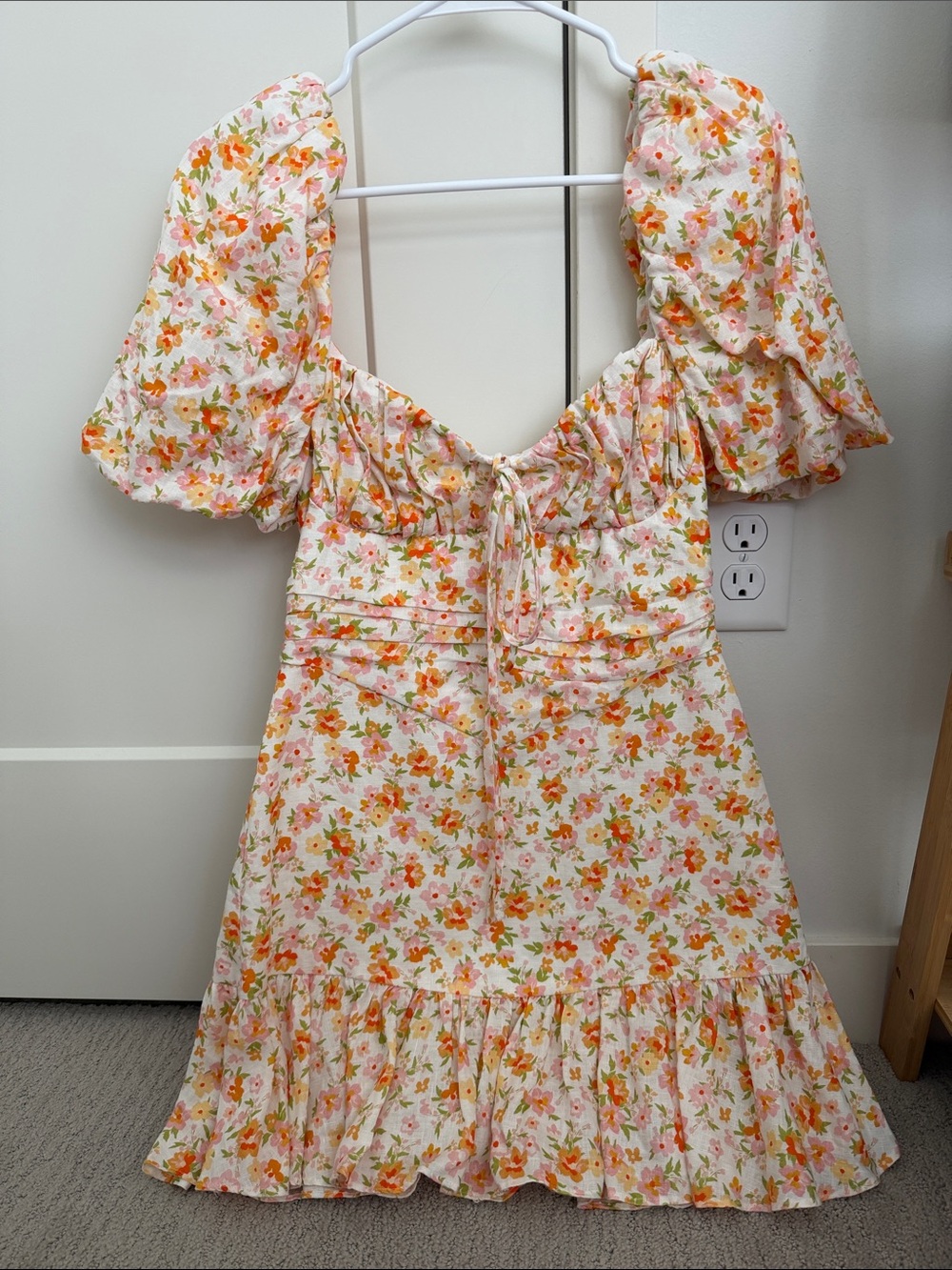 Floral Puff-Sleeve Midi Dress in Peach & Green